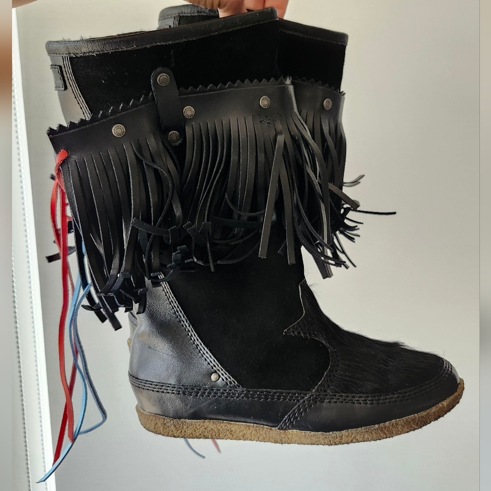 Diesel Vintage Fringe Black Leather Boots